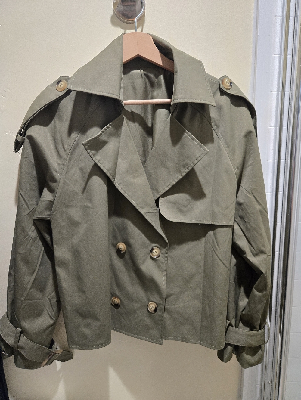 Olive Green Double-Breasted Cropped Trench Coat - Women